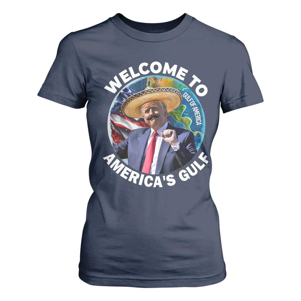 America's Gulf Mexico T Shirt For Women Trump Sombrero Dancing Funny Map TS10 Navy Print Your Wear