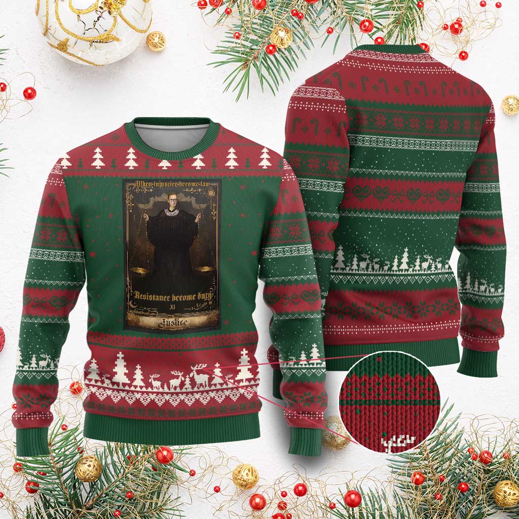 Tarot Card RBG Ugly Christmas Sweater When Injustice Becomes Law Resistance Becomes Duty TS10 Red Green Print Your Wear