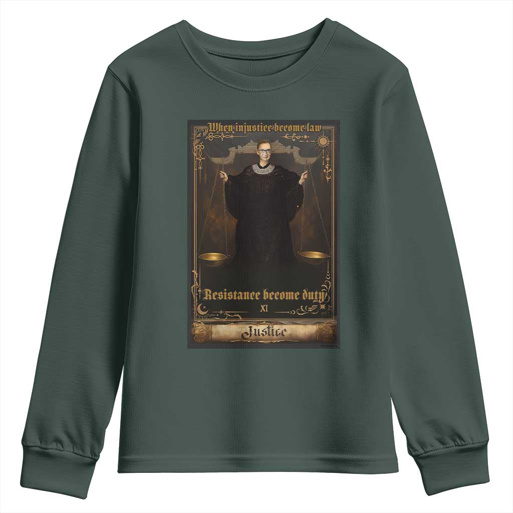 Tarot Card RBG Youth Sweatshirt When Injustice Becomes Law Resistance Becomes Duty TS10 Dark Forest Green Print Your Wear