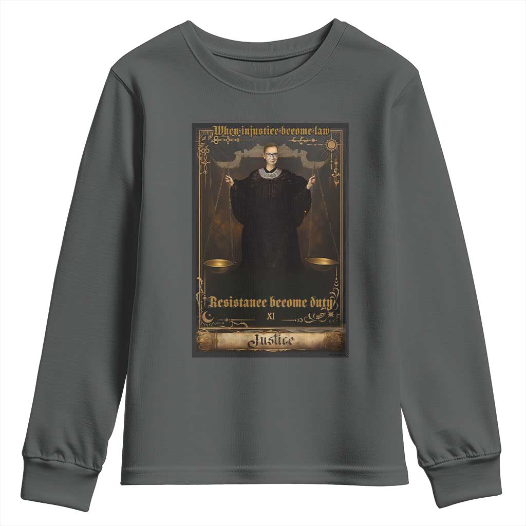 Tarot Card RBG Youth Sweatshirt When Injustice Becomes Law Resistance Becomes Duty TS10 Dark Heather Print Your Wear