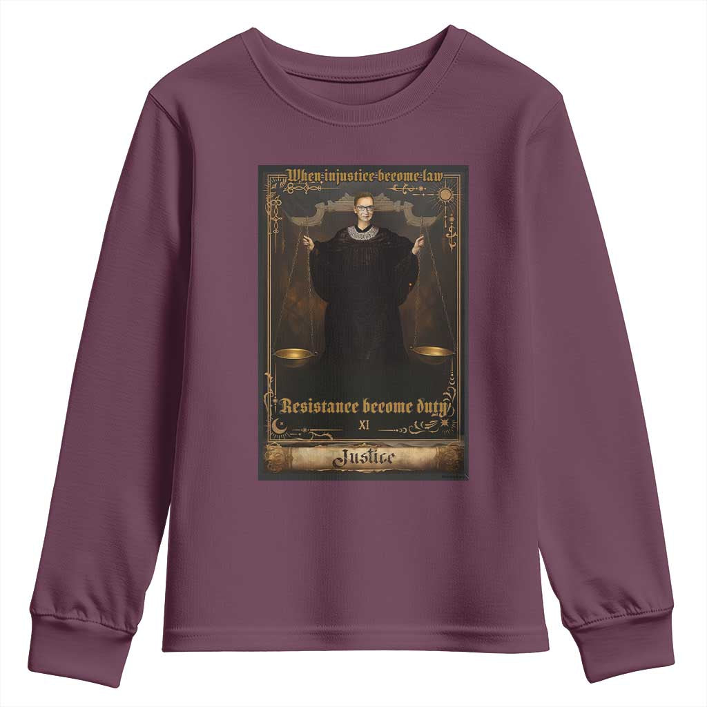 Tarot Card RBG Youth Sweatshirt When Injustice Becomes Law Resistance Becomes Duty TS10 Maroon Print Your Wear