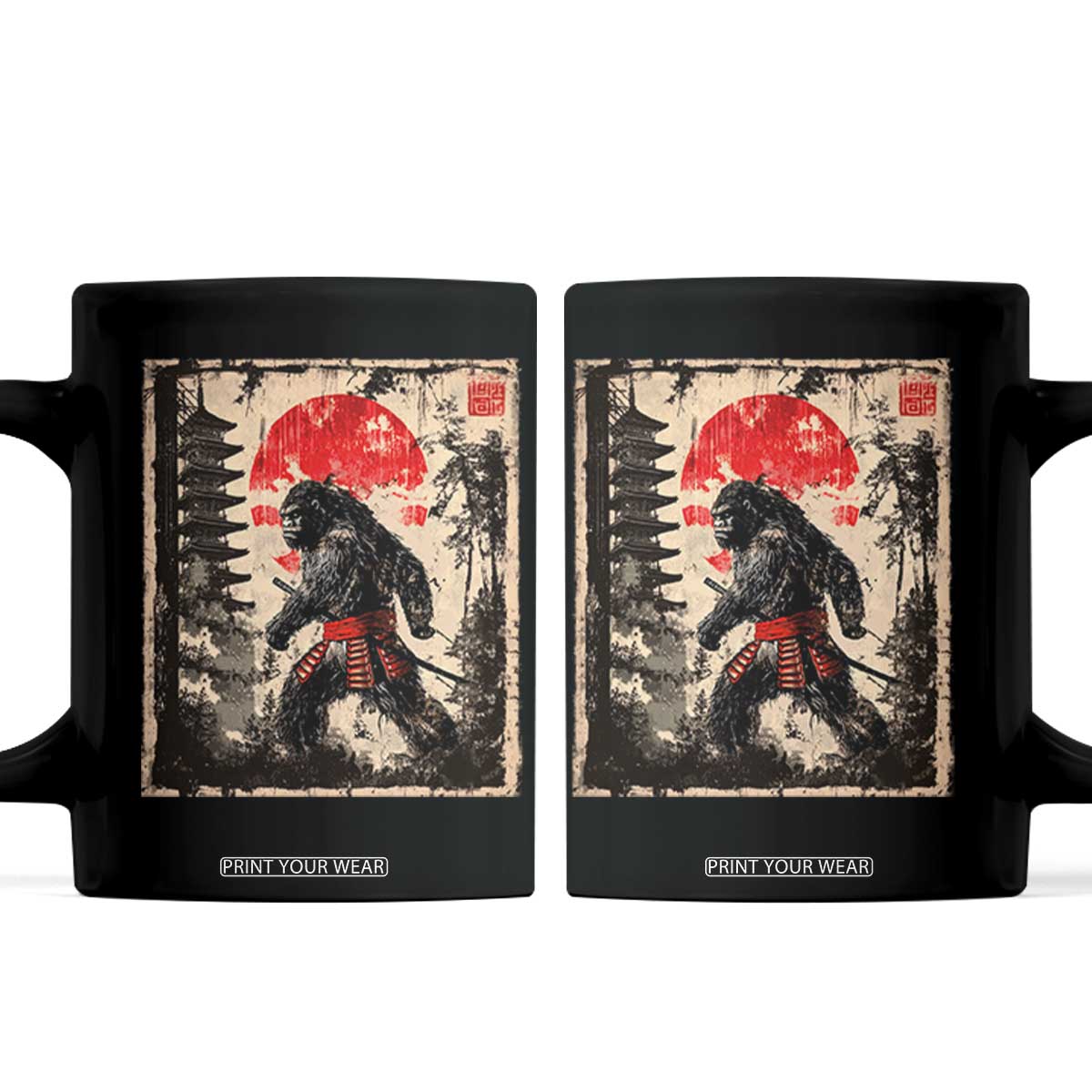 Samurai Bigfoot Coffee Mug Japanese Vintage Sasquatch Graphic Ukiyo-e Art Funny TS10 Black Print Your Wear