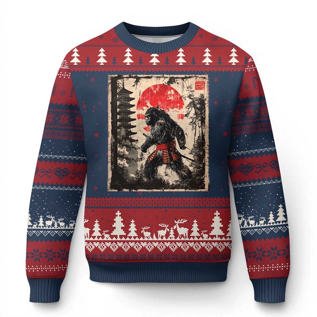 Samurai Bigfoot Ugly Christmas Sweater Japanese Vintage Sasquatch Graphic Ukiyo-e Art Funny TS10 Navy Red Print Your Wear