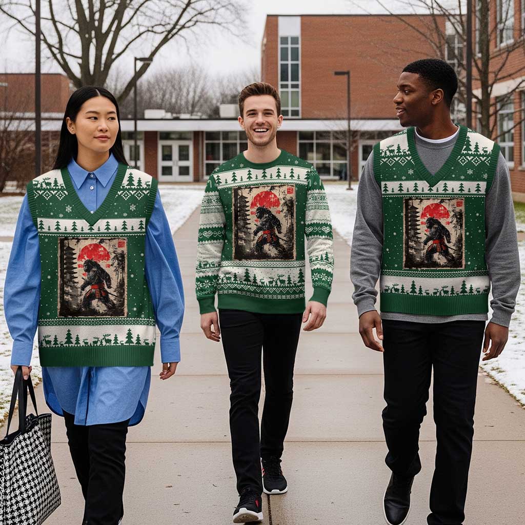 Samurai Bigfoot V-Neck Knit Sweater Vest Japanese Vintage Sasquatch Graphic Ukiyo-e Art Funny TS10 Forest Green Beige Print Your Wear