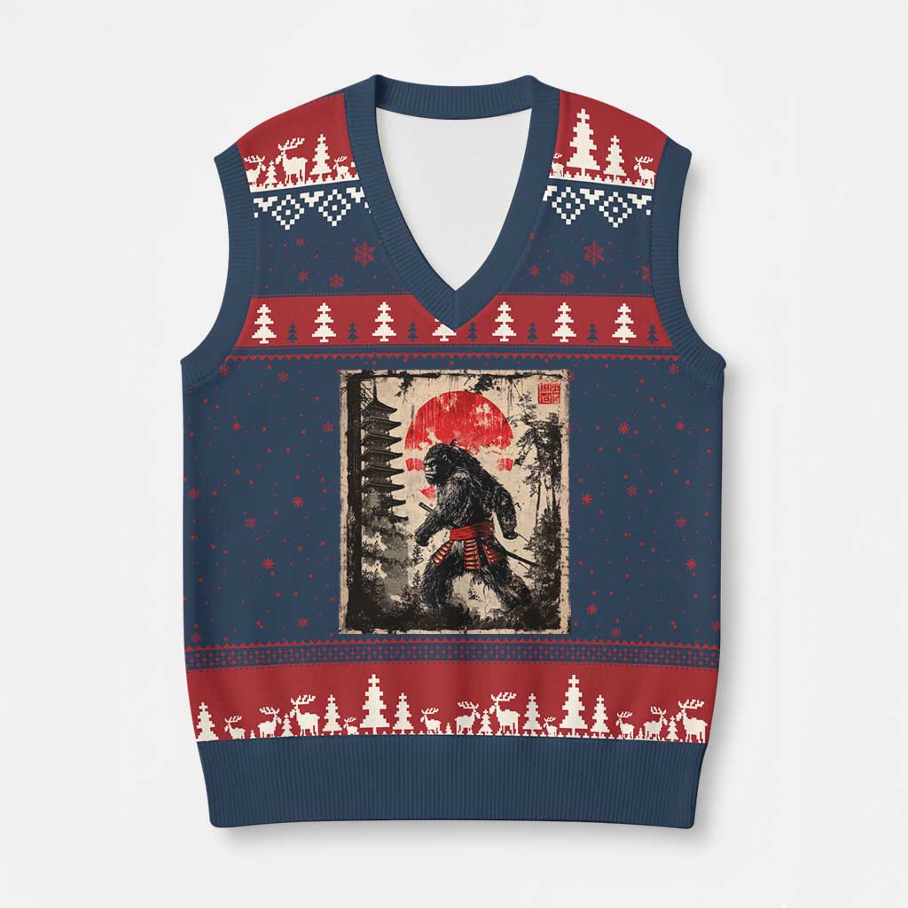 Samurai Bigfoot V-Neck Knit Sweater Vest Japanese Vintage Sasquatch Graphic Ukiyo-e Art Funny TS10 Navy Red Print Your Wear