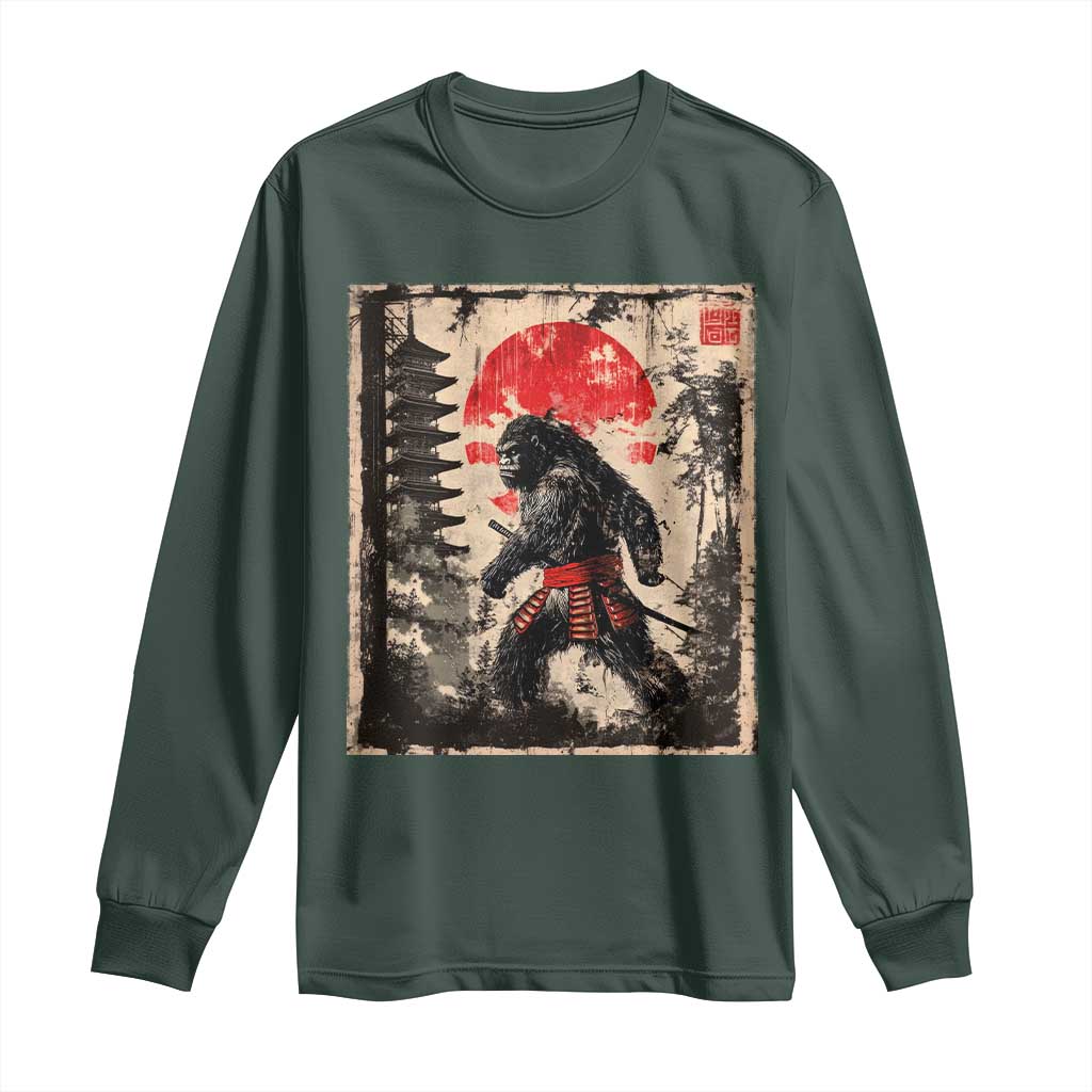 Samurai Bigfoot Long Sleeve Shirt Japanese Vintage Sasquatch Graphic Ukiyo-e Art Funny TS10 Dark Forest Green Print Your Wear