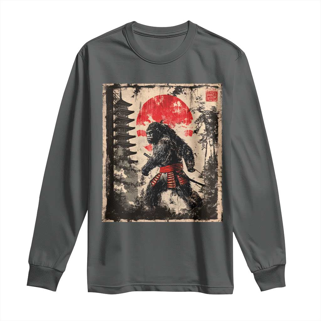 Samurai Bigfoot Long Sleeve Shirt Japanese Vintage Sasquatch Graphic Ukiyo-e Art Funny TS10 Dark Heather Print Your Wear