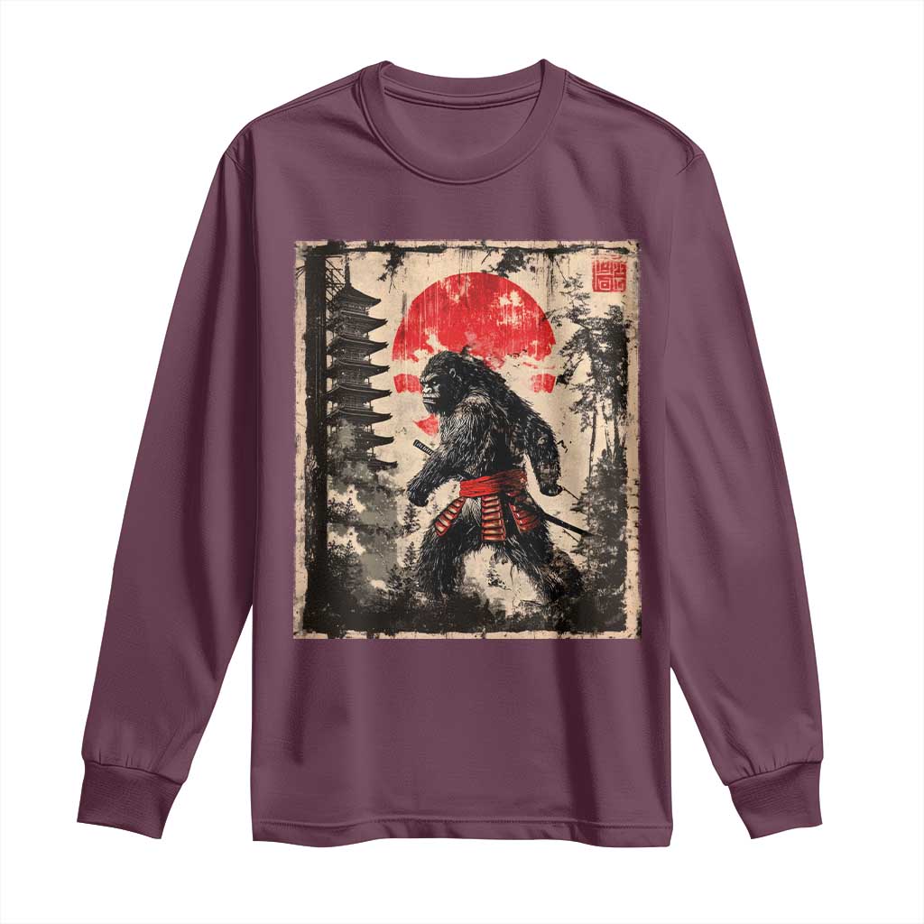 Samurai Bigfoot Long Sleeve Shirt Japanese Vintage Sasquatch Graphic Ukiyo-e Art Funny TS10 Maroon Print Your Wear
