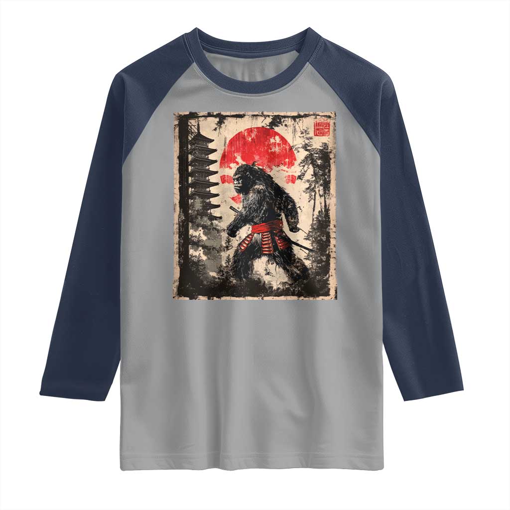 Samurai Bigfoot Raglan Shirt Japanese Vintage Sasquatch Graphic Ukiyo-e Art Funny TS10 Sport Gray Navy Print Your Wear