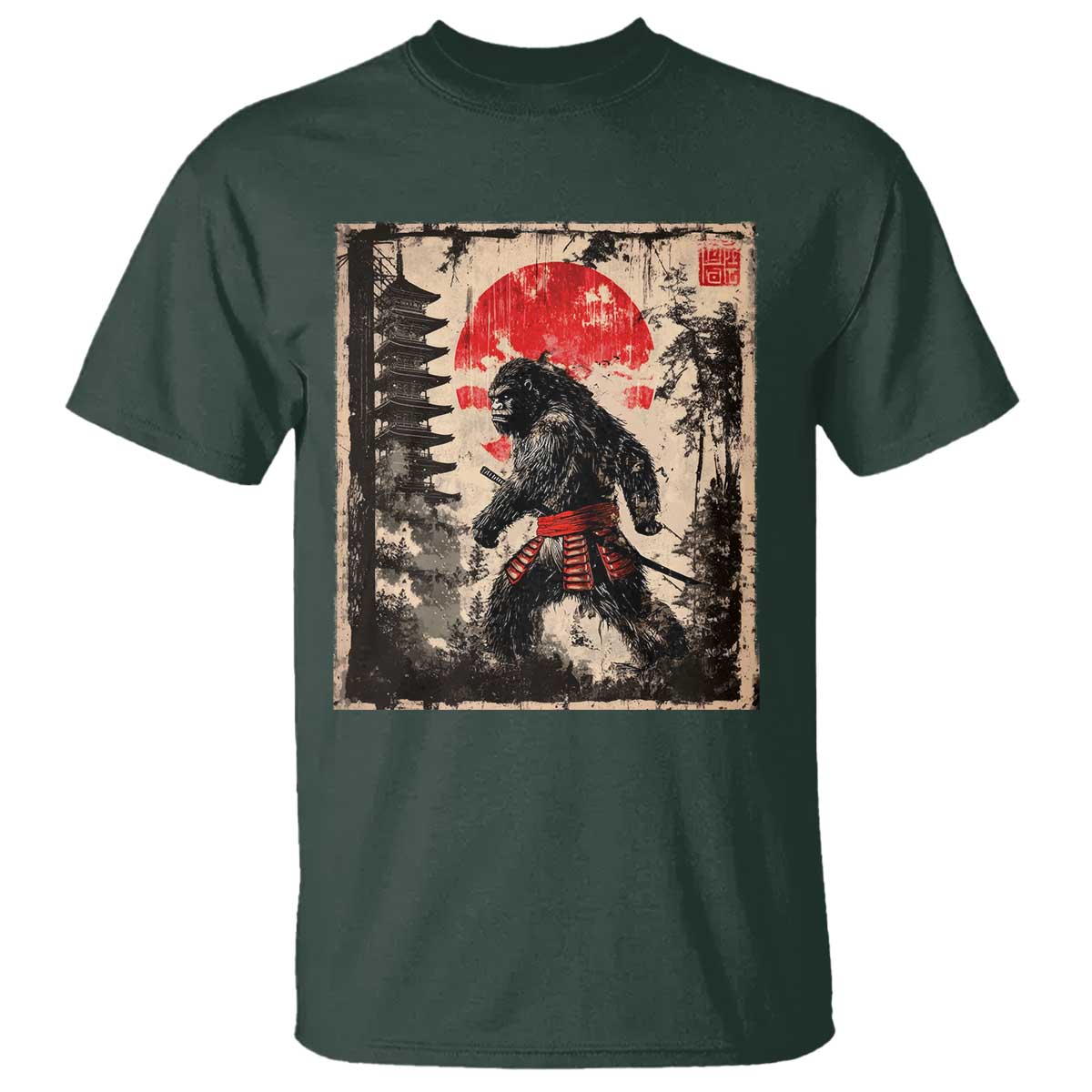 Samurai Bigfoot T Shirt Japanese Vintage Sasquatch Graphic Ukiyo-e Art Funny TS10 Dark Forest Green Print Your Wear