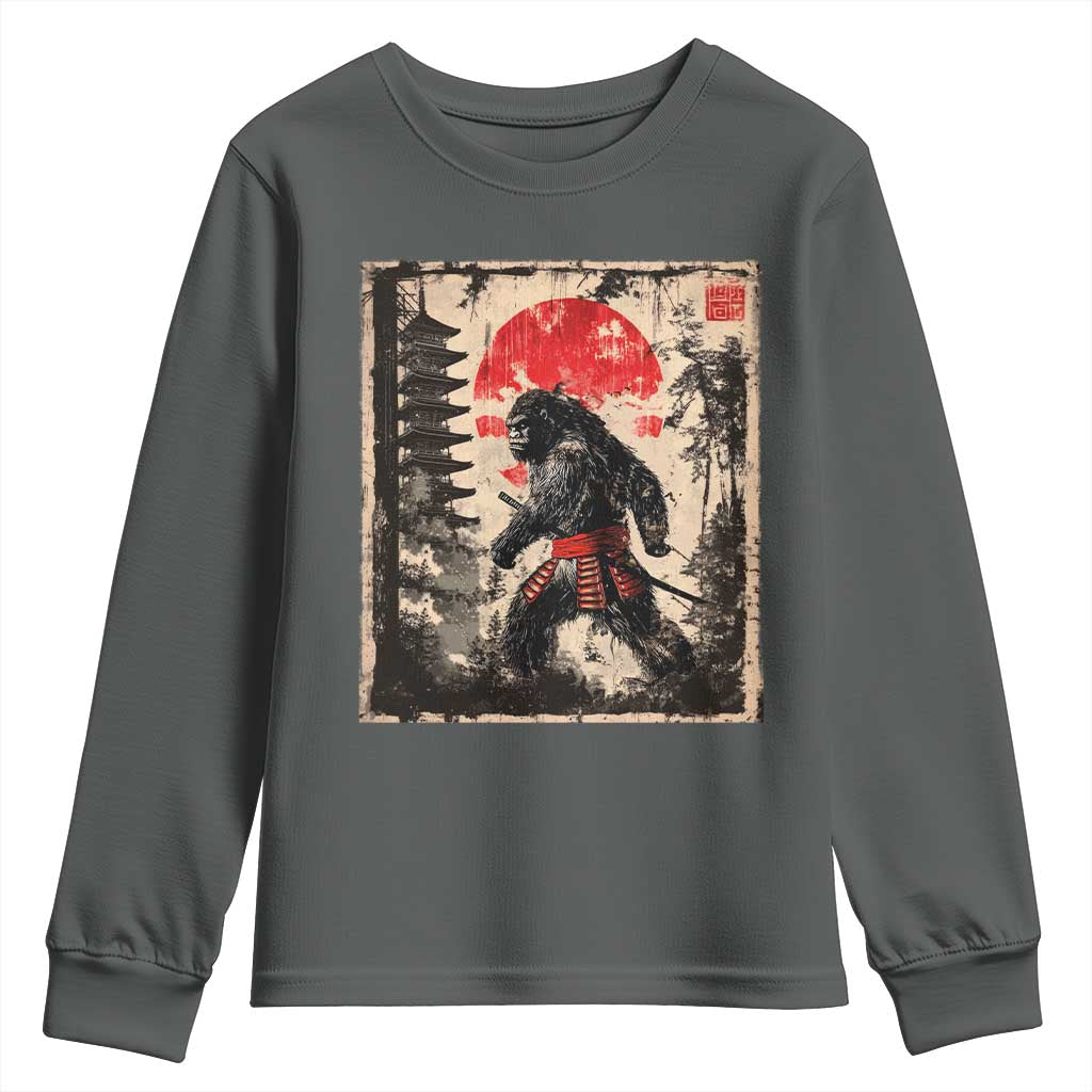 Samurai Bigfoot Youth Sweatshirt Japanese Vintage Sasquatch Graphic Ukiyo-e Art Funny TS10 Dark Heather Print Your Wear