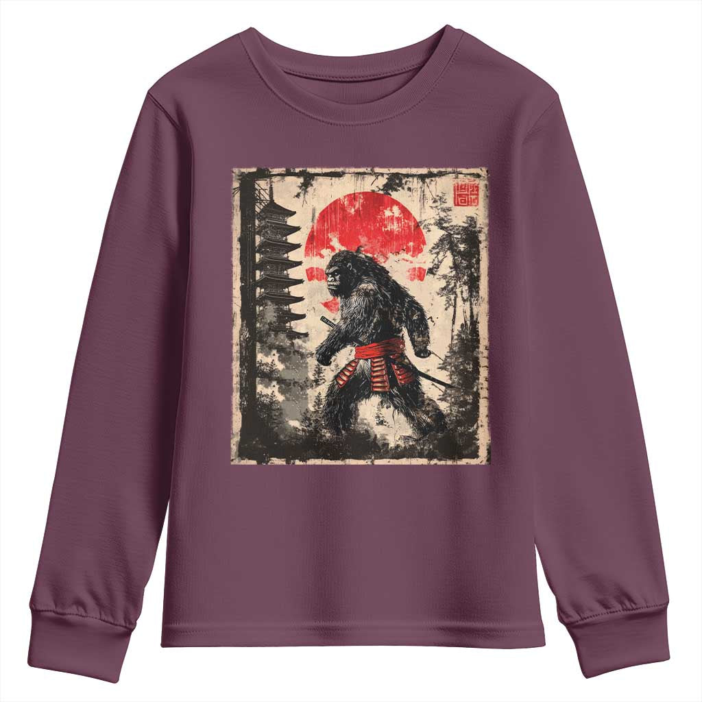 Samurai Bigfoot Youth Sweatshirt Japanese Vintage Sasquatch Graphic Ukiyo-e Art Funny TS10 Maroon Print Your Wear