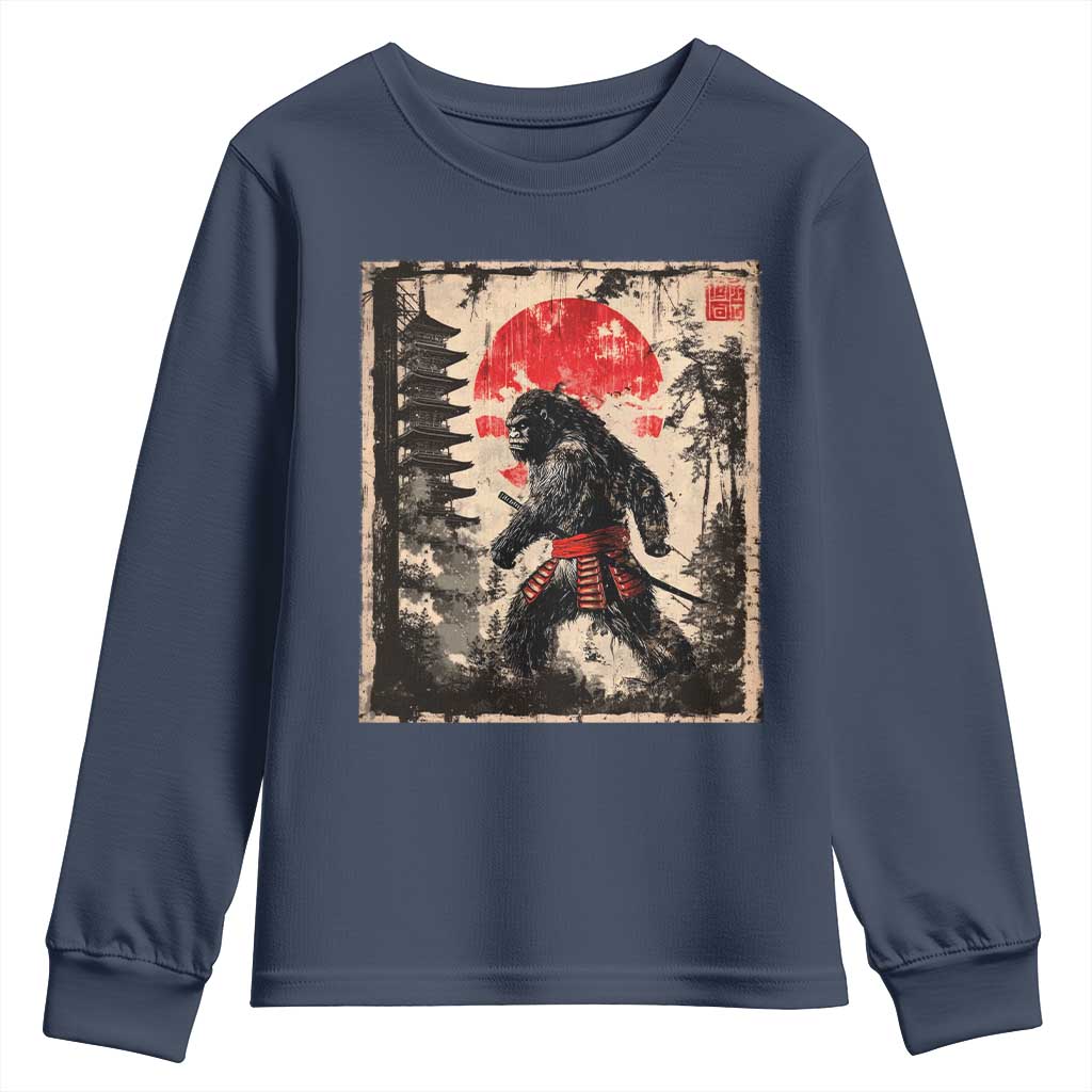 Samurai Bigfoot Youth Sweatshirt Japanese Vintage Sasquatch Graphic Ukiyo-e Art Funny TS10 Navy Print Your Wear