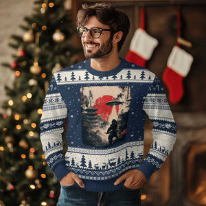 Samurai Bigfoot Ugly Christmas Sweater Funny Japanese Retro Vintage Sasquatch Graphic Ukiyo-e Art TS10 Navy Beige Print Your Wear