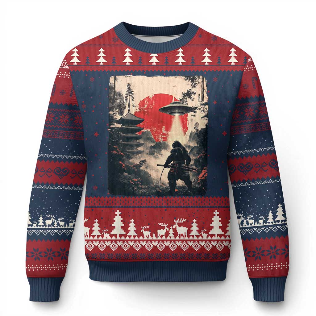 Samurai Bigfoot Ugly Christmas Sweater Funny Japanese Retro Vintage Sasquatch Graphic Ukiyo-e Art TS10 Navy Red Print Your Wear