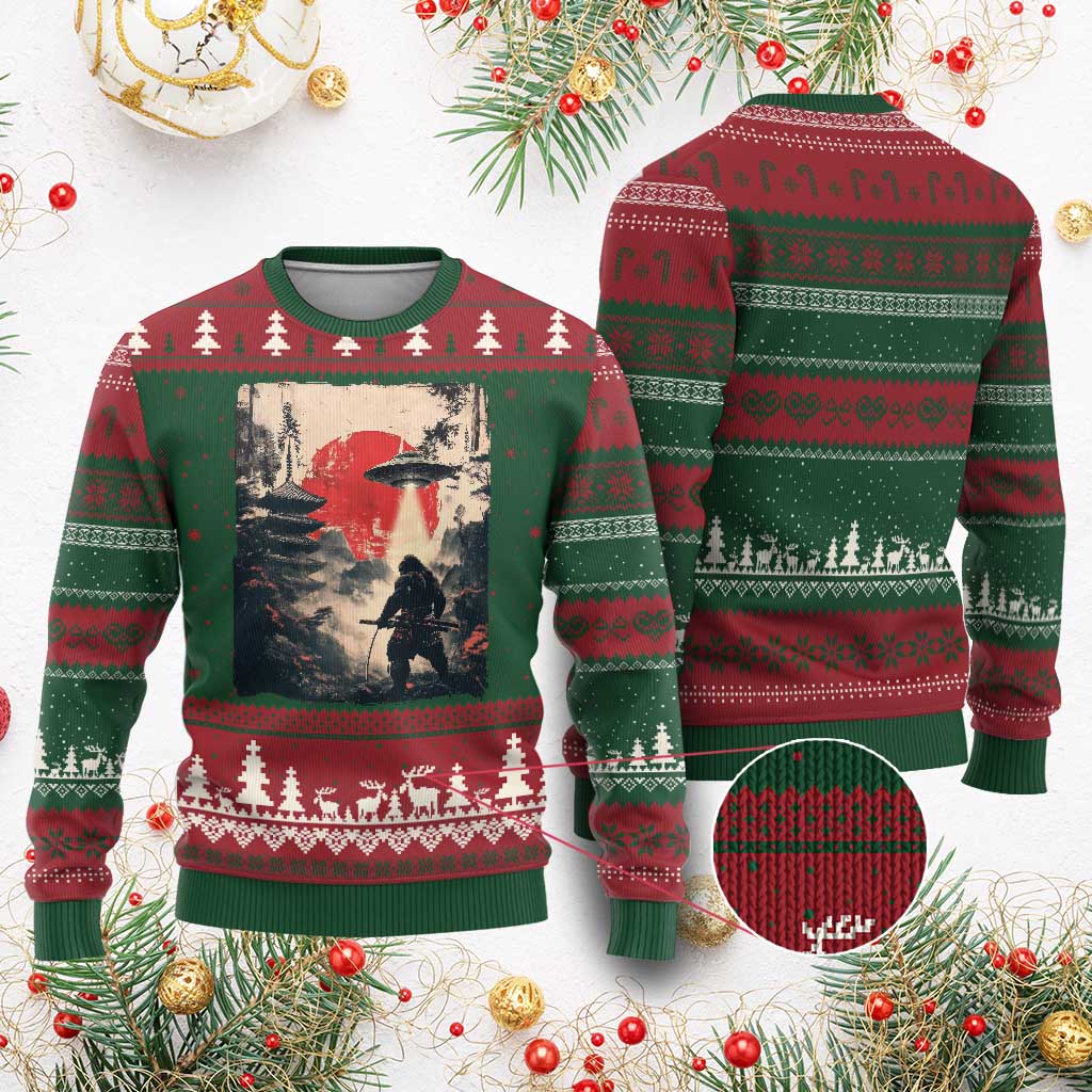 Samurai Bigfoot Ugly Christmas Sweater Funny Japanese Retro Vintage Sasquatch Graphic Ukiyo-e Art TS10 Red Green Print Your Wear