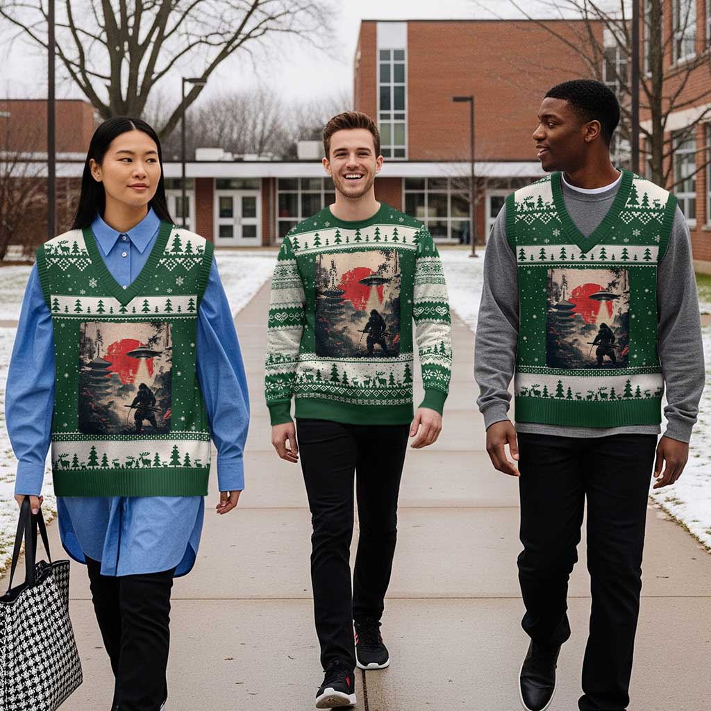 Samurai Bigfoot V-Neck Knit Sweater Vest Funny Japanese Retro Vintage Sasquatch Graphic Ukiyo-e Art TS10 Forest Green Beige Print Your Wear