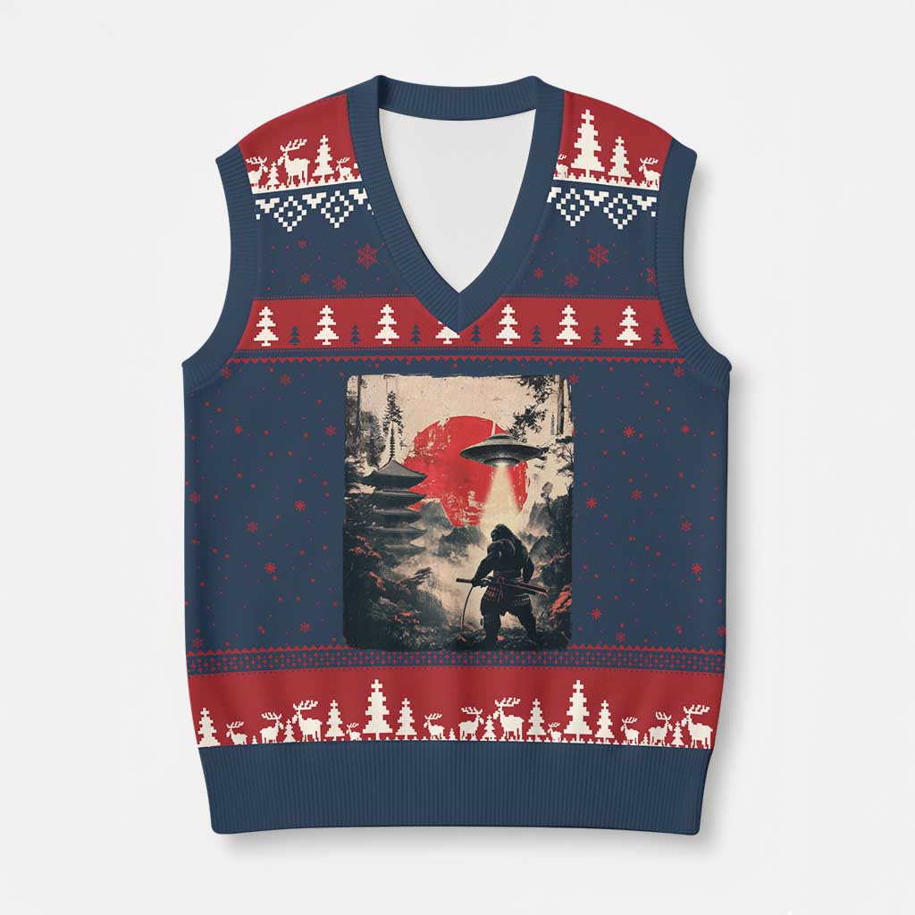 Samurai Bigfoot V-Neck Knit Sweater Vest Funny Japanese Retro Vintage Sasquatch Graphic Ukiyo-e Art TS10 Navy Red Print Your Wear