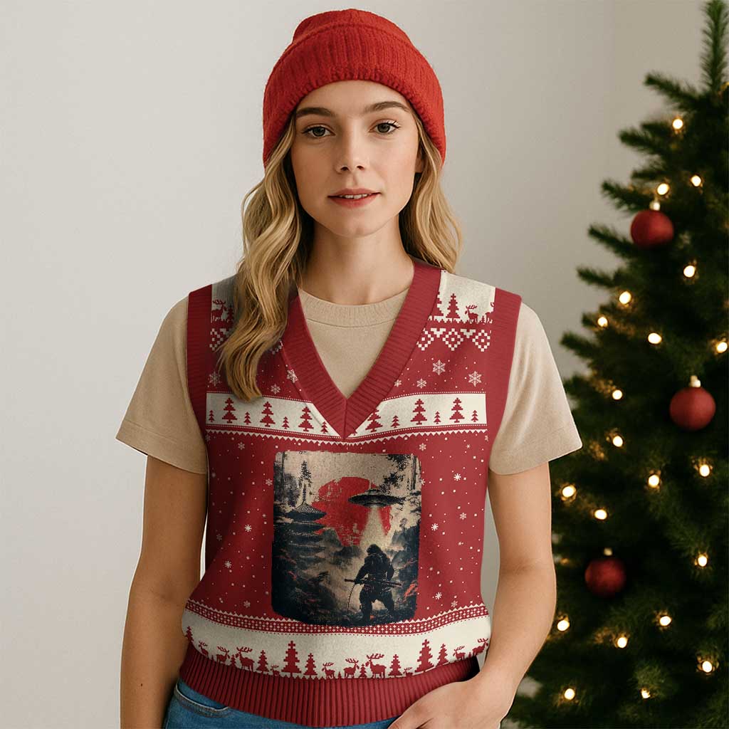 Samurai Bigfoot V-Neck Knit Sweater Vest Funny Japanese Retro Vintage Sasquatch Graphic Ukiyo-e Art TS10 Red Beige Print Your Wear