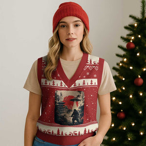 Samurai Bigfoot V-Neck Knit Sweater Vest Funny Japanese Retro Vintage Sasquatch Graphic Ukiyo-e Art TS10 Red Beige Print Your Wear