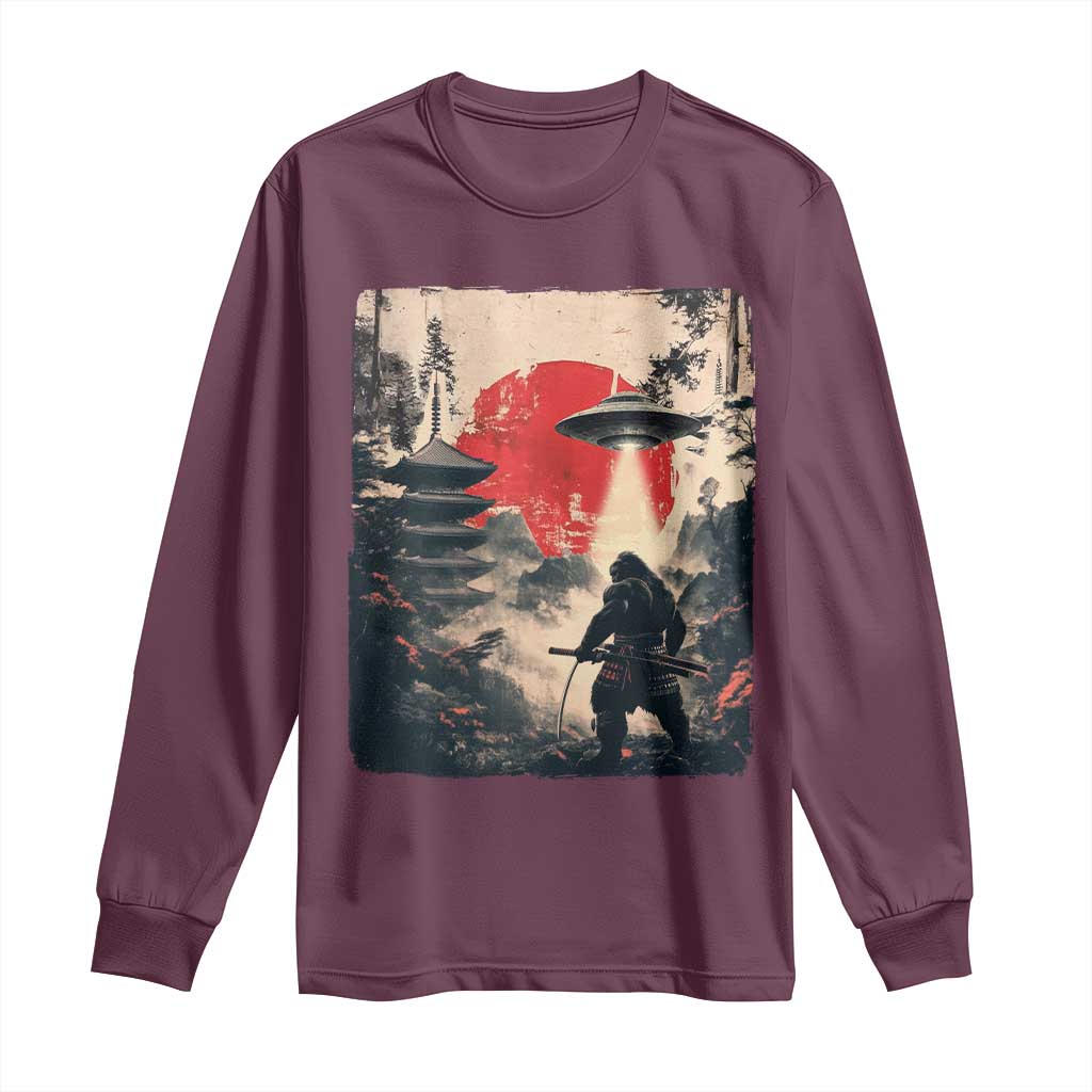Samurai Bigfoot Long Sleeve Shirt Funny Japanese Retro Vintage Sasquatch Graphic Ukiyo-e Art TS10 Maroon Print Your Wear