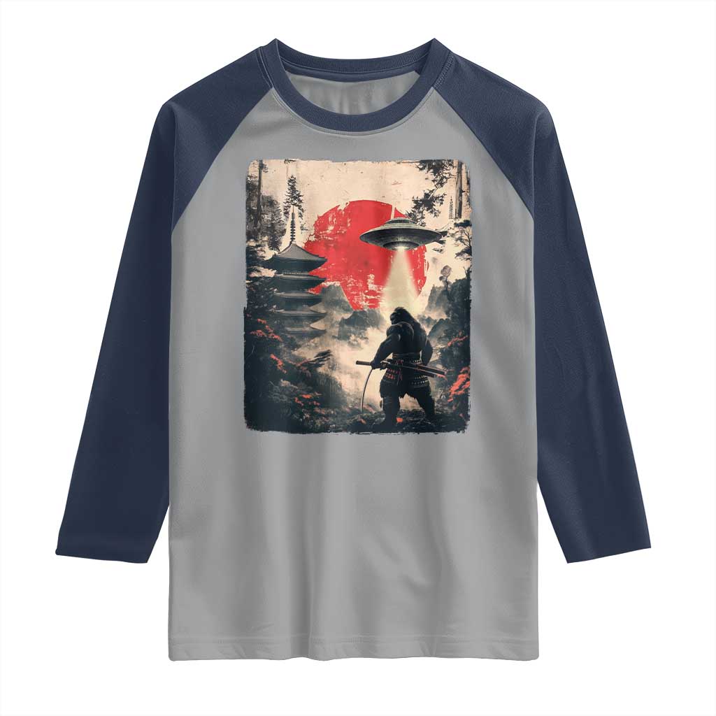 Samurai Bigfoot Raglan Shirt Funny Japanese Retro Vintage Sasquatch Graphic Ukiyo-e Art TS10 Sport Gray Navy Print Your Wear