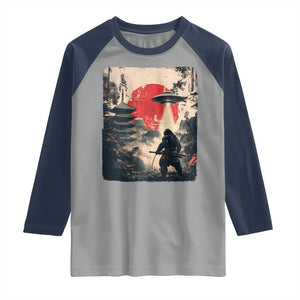 Samurai Bigfoot Raglan Shirt Funny Japanese Retro Vintage Sasquatch Graphic Ukiyo-e Art TS10 Sport Gray Navy Print Your Wear