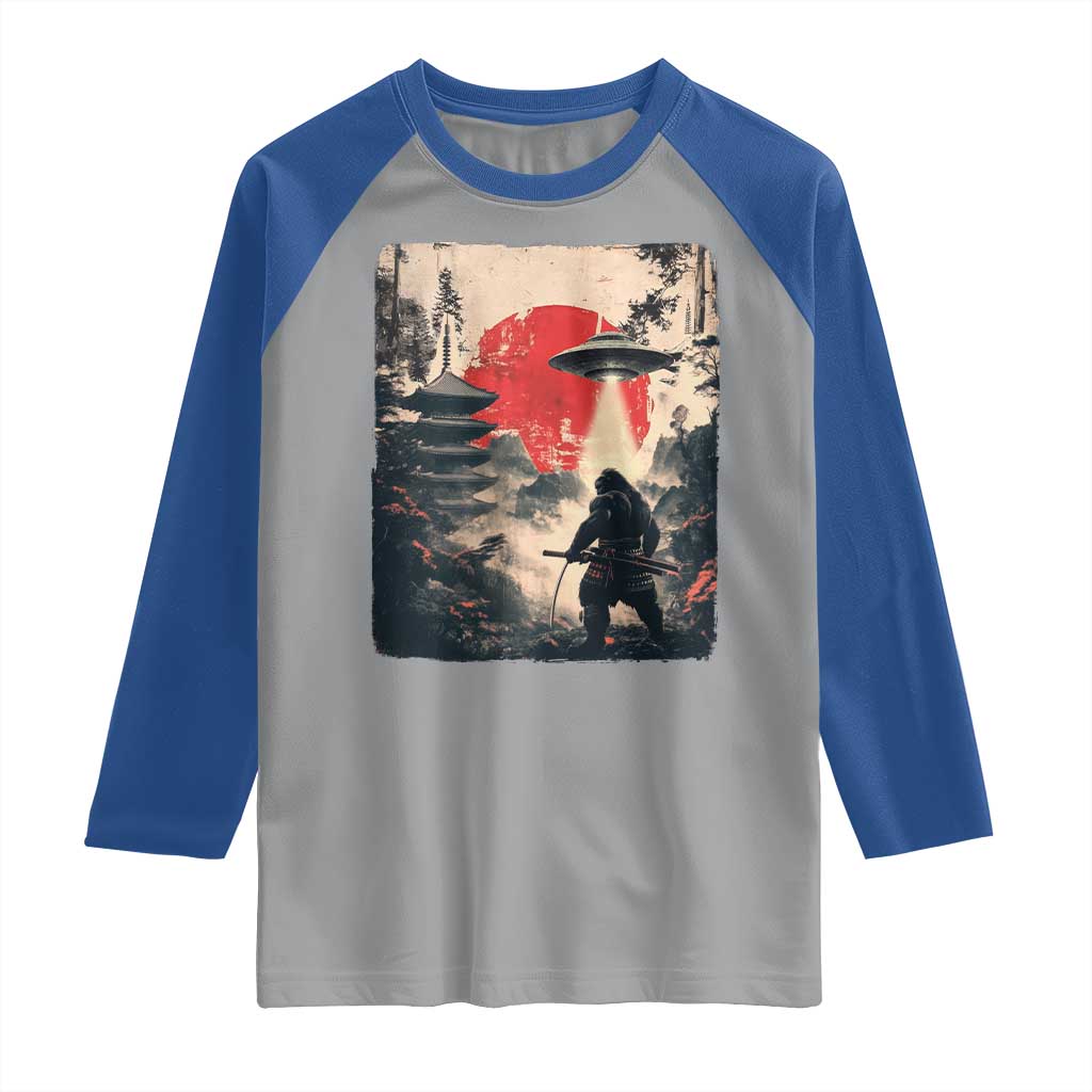 Samurai Bigfoot Raglan Shirt Funny Japanese Retro Vintage Sasquatch Graphic Ukiyo-e Art TS10 Sport Gray Royal Print Your Wear