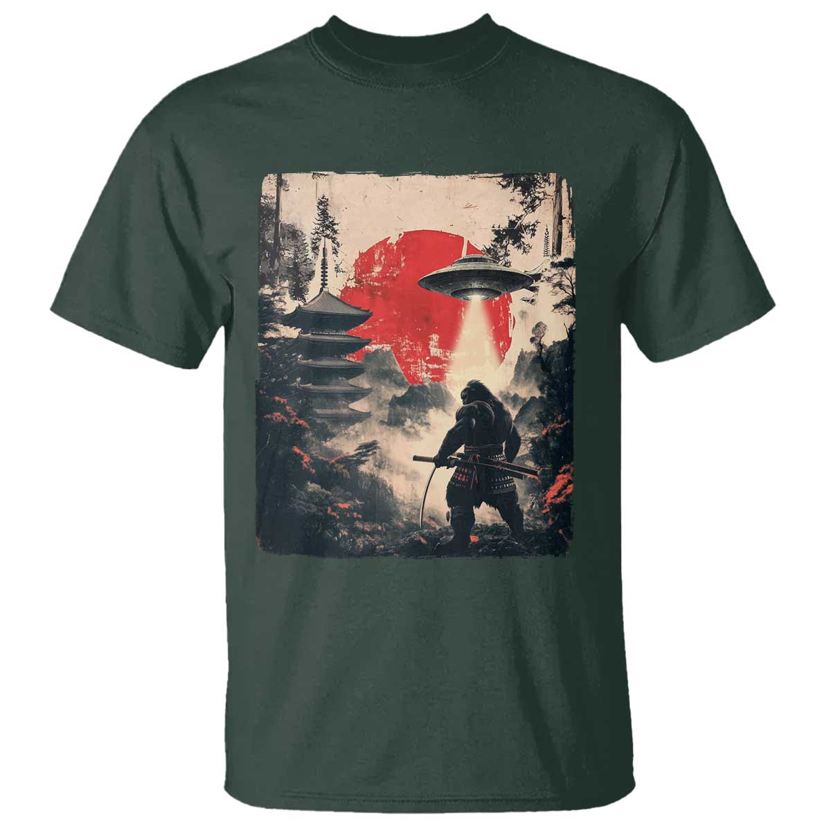 Samurai Bigfoot T Shirt Funny Japanese Retro Vintage Sasquatch Graphic Ukiyo-e Art TS10 Dark Forest Green Print Your Wear