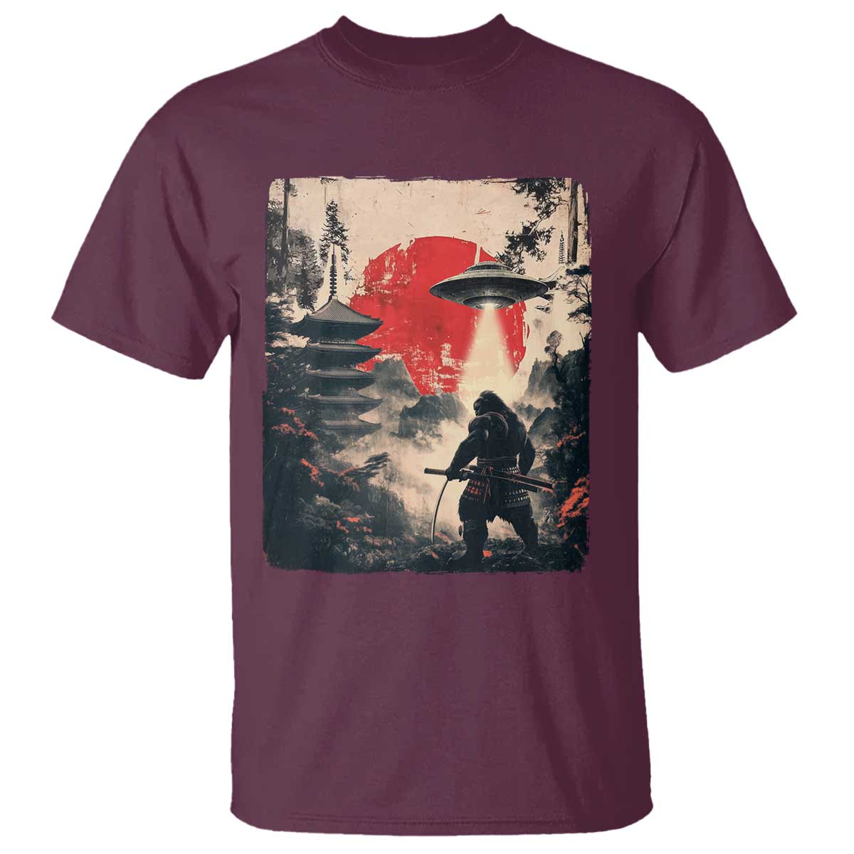 Samurai Bigfoot T Shirt Funny Japanese Retro Vintage Sasquatch Graphic Ukiyo-e Art TS10 Maroon Print Your Wear
