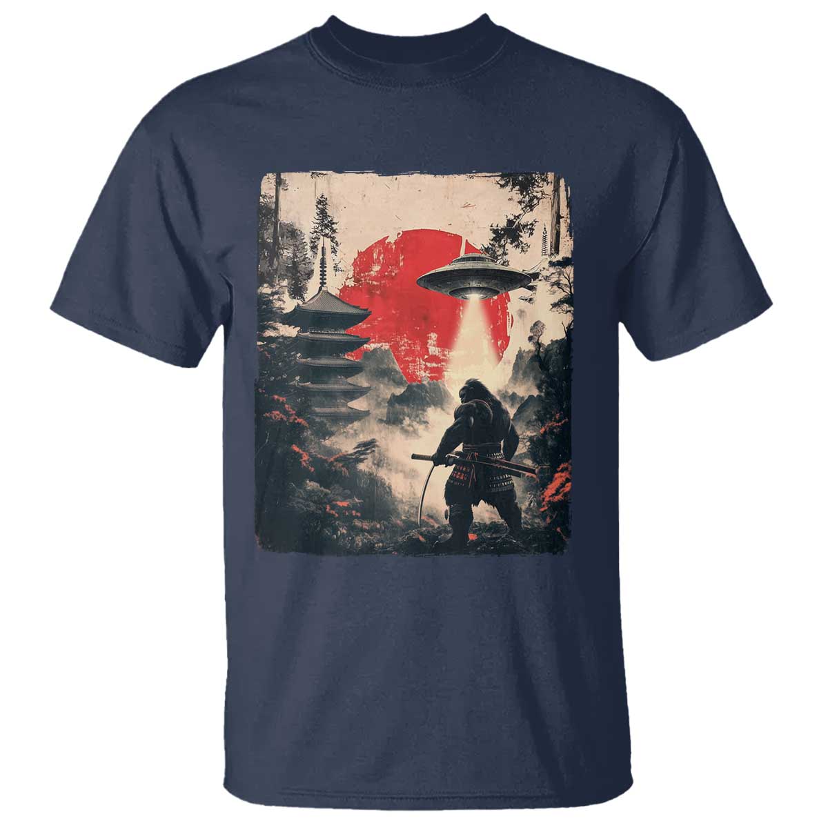 Samurai Bigfoot T Shirt Funny Japanese Retro Vintage Sasquatch Graphic Ukiyo-e Art TS10 Navy Print Your Wear