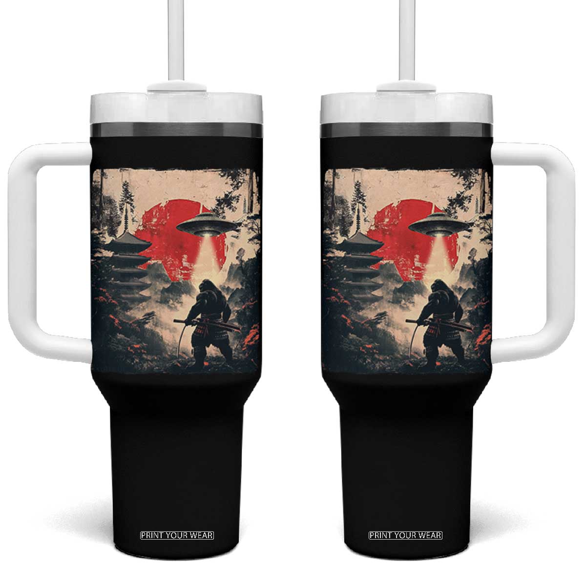 Samurai Bigfoot Tumbler With Handle Funny Japanese Retro Vintage Sasquatch Graphic Ukiyo-e Art TS10 One Size: 40 oz Black Print Your Wear