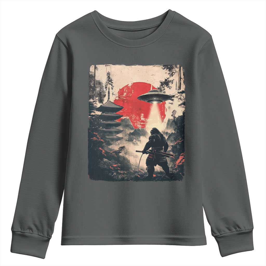 Samurai Bigfoot Youth Sweatshirt Funny Japanese Retro Vintage Sasquatch Graphic Ukiyo-e Art TS10 Dark Heather Print Your Wear