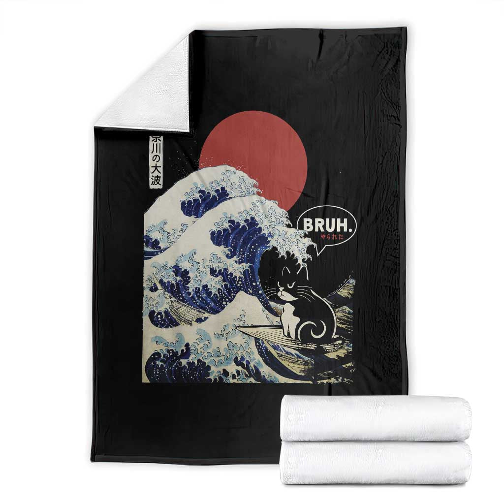 Japanese Kawaii Anime Cat Throw Blanket Funny Surfing Cat Bruh Retro The Great Wave Kanagawa TS10 Black Print Your Wear