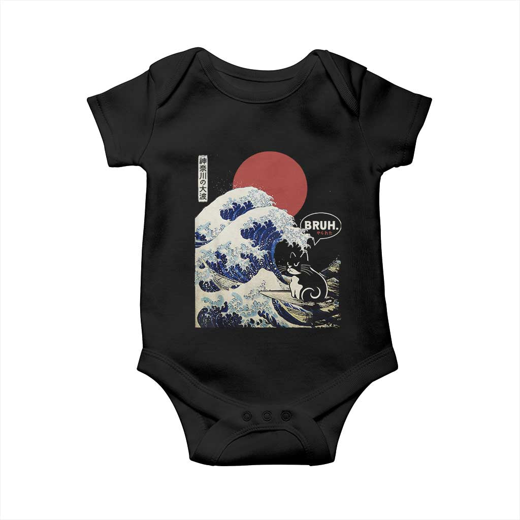Japanese Kawaii Anime Cat Baby Onesie Funny Surfing Cat Bruh Retro The Great Wave Kanagawa TS10 Black Print Your Wear