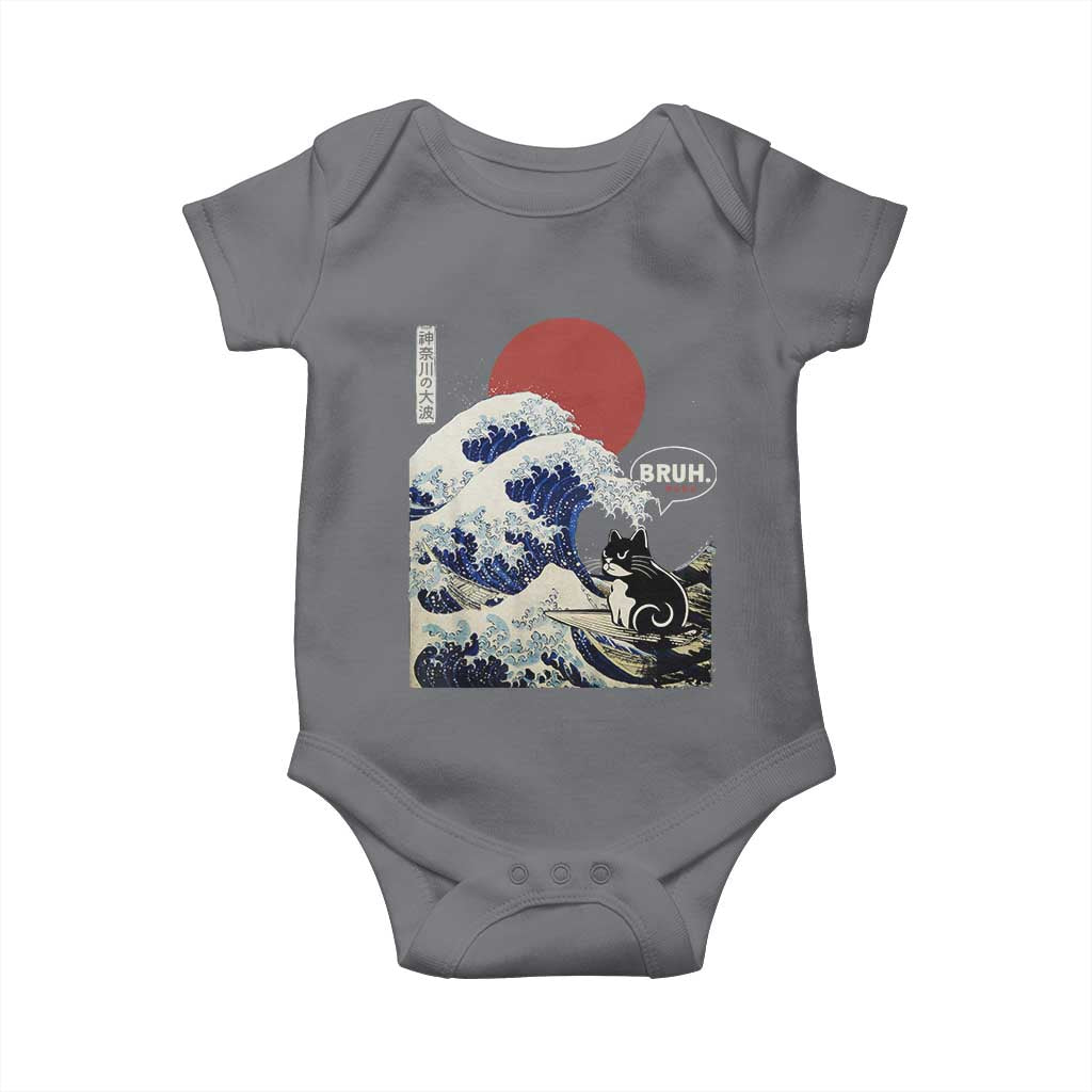 Japanese Kawaii Anime Cat Baby Onesie Funny Surfing Cat Bruh Retro The Great Wave Kanagawa TS10 Charcoal Print Your Wear