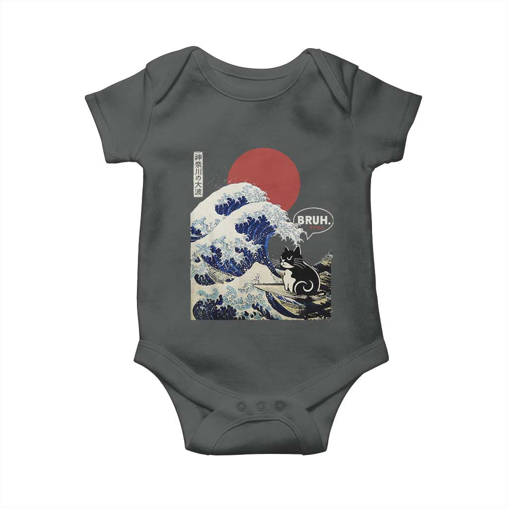 Japanese Kawaii Anime Cat Baby Onesie Funny Surfing Cat Bruh Retro The Great Wave Kanagawa TS10 Dark Heather Print Your Wear