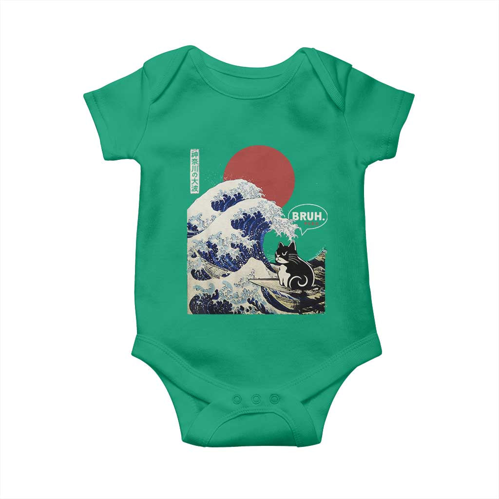 Japanese Kawaii Anime Cat Baby Onesie Funny Surfing Cat Bruh Retro The Great Wave Kanagawa TS10 Irish Green Print Your Wear