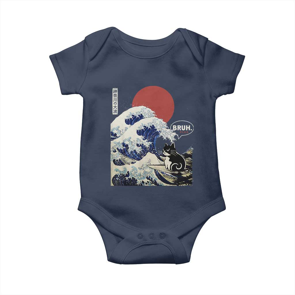 Japanese Kawaii Anime Cat Baby Onesie Funny Surfing Cat Bruh Retro The Great Wave Kanagawa TS10 Navy Print Your Wear