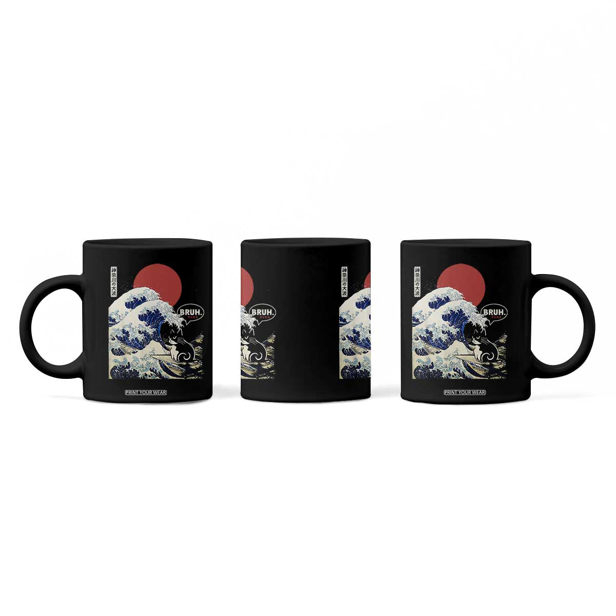 Japanese Kawaii Anime Cat Coffee Mug Funny Surfing Cat Bruh Retro The Great Wave Kanagawa TS10 Print Your Wear