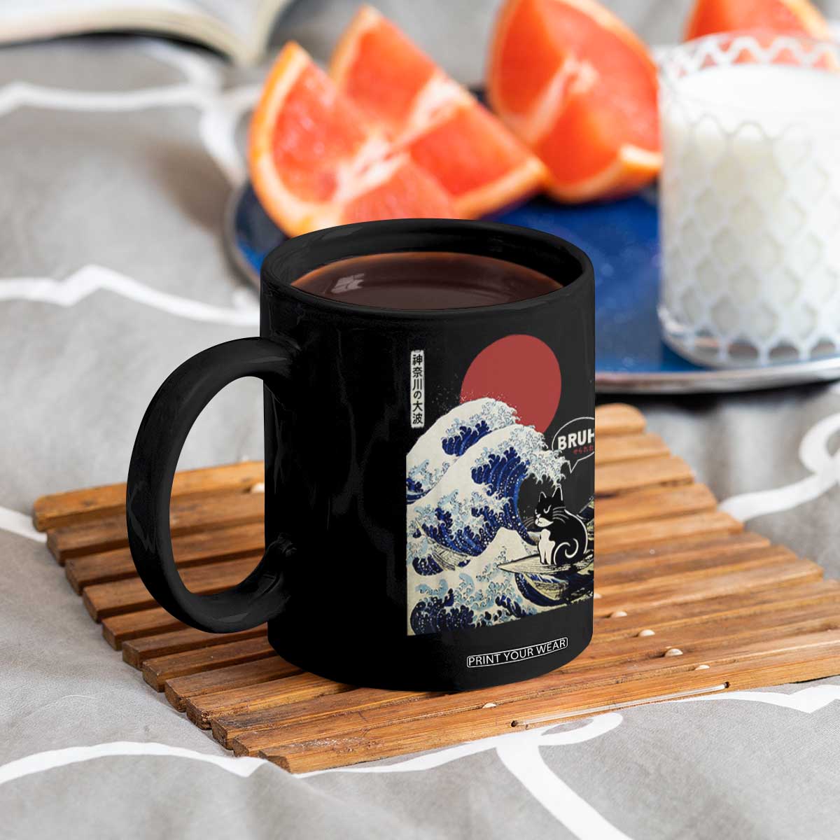 Japanese Kawaii Anime Cat Coffee Mug Funny Surfing Cat Bruh Retro The Great Wave Kanagawa TS10 Print Your Wear