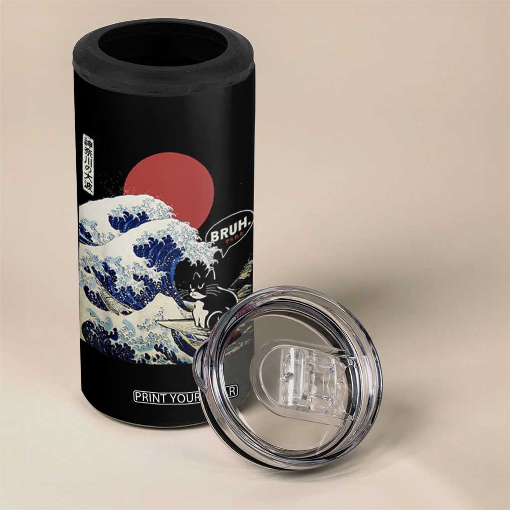 Japanese Kawaii Anime Cat 4 in 1 Can Cooler Tumbler Funny Surfing Cat Bruh Retro The Great Wave Kanagawa TS10 Print Your Wear