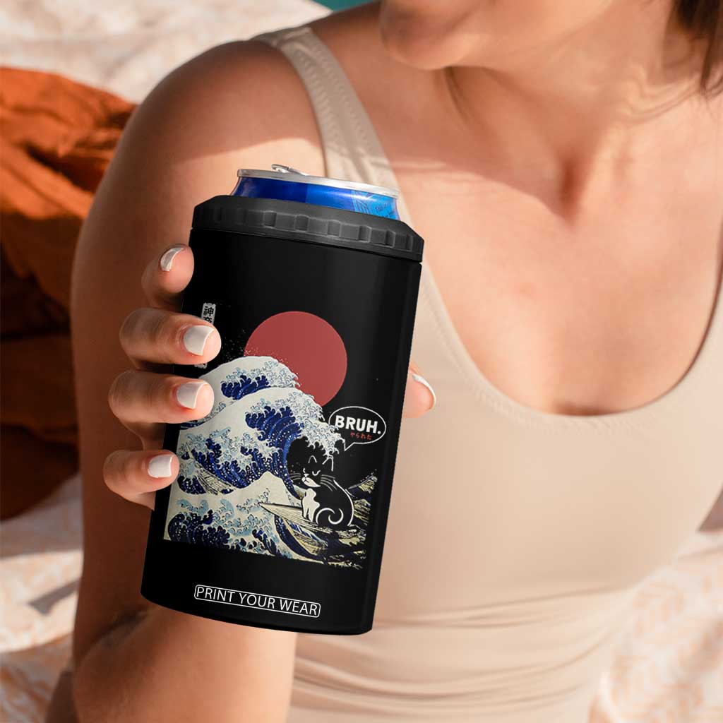 Japanese Kawaii Anime Cat 4 in 1 Can Cooler Tumbler Funny Surfing Cat Bruh Retro The Great Wave Kanagawa TS10 Print Your Wear