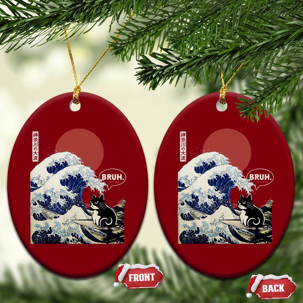 Japanese Kawaii Anime Cat Ceramic Ornament Funny Surfing Cat Bruh Retro The Great Wave Kanagawa TS10 Print Your Wear