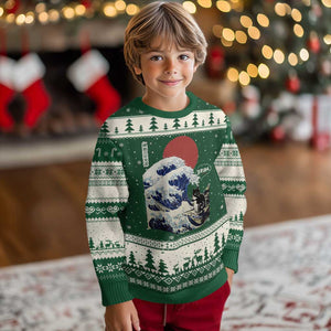 Japanese Kawaii Anime Cat Ugly Christmas Sweater Funny Surfing Cat Bruh Retro The Great Wave Kanagawa TS10 Forest Green Beige Print Your Wear