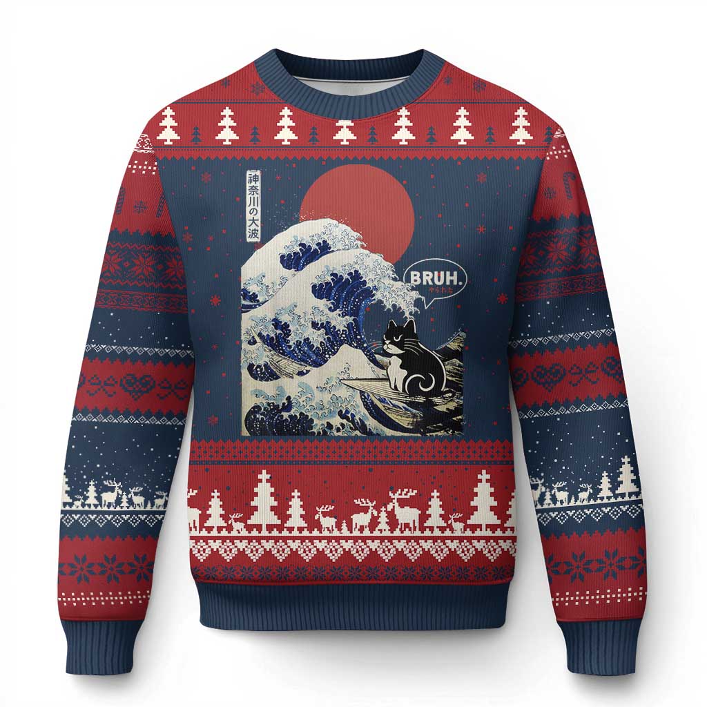 Japanese Kawaii Anime Cat Ugly Christmas Sweater Funny Surfing Cat Bruh Retro The Great Wave Kanagawa TS10 Navy Red Print Your Wear