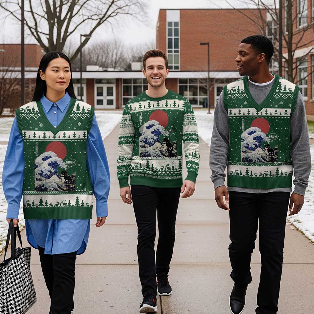 Japanese Kawaii Anime Cat V-Neck Knit Sweater Vest Funny Surfing Cat Bruh Retro The Great Wave Kanagawa TS10 Forest Green Beige Print Your Wear