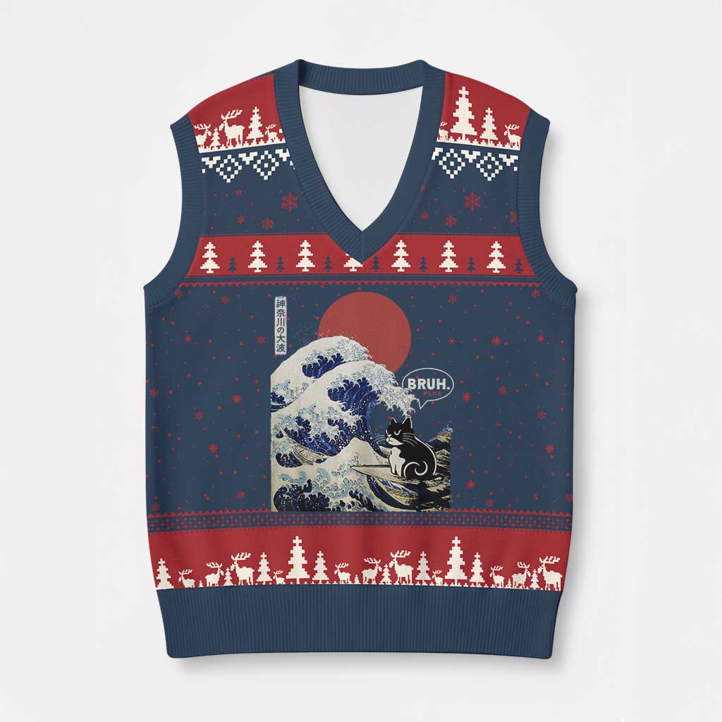 Japanese Kawaii Anime Cat V-Neck Knit Sweater Vest Funny Surfing Cat Bruh Retro The Great Wave Kanagawa TS10 Navy Red Print Your Wear