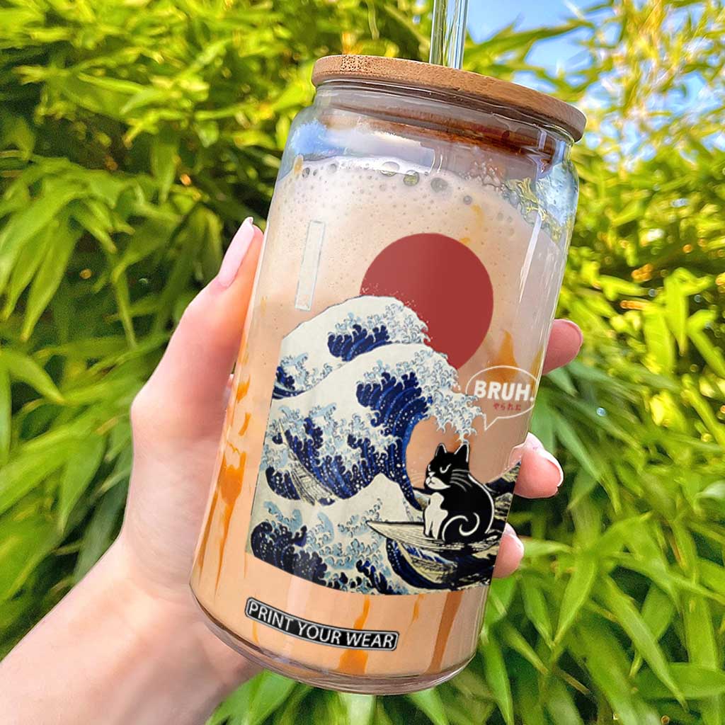 Japanese Kawaii Anime Cat Glass Can Funny Surfing Cat Bruh Retro The Great Wave Kanagawa TS10 Black Print Your Wear