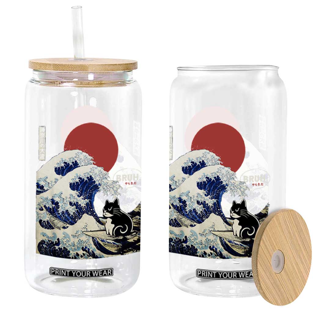 Japanese Kawaii Anime Cat Glass Can Funny Surfing Cat Bruh Retro The Great Wave Kanagawa TS10 Print Your Wear